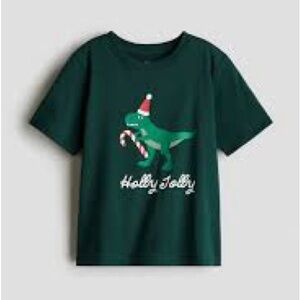 H&M Kids Green T-Rex Dinosaur Holiday T-Shirt Holly Jolly Christmas size 5/6